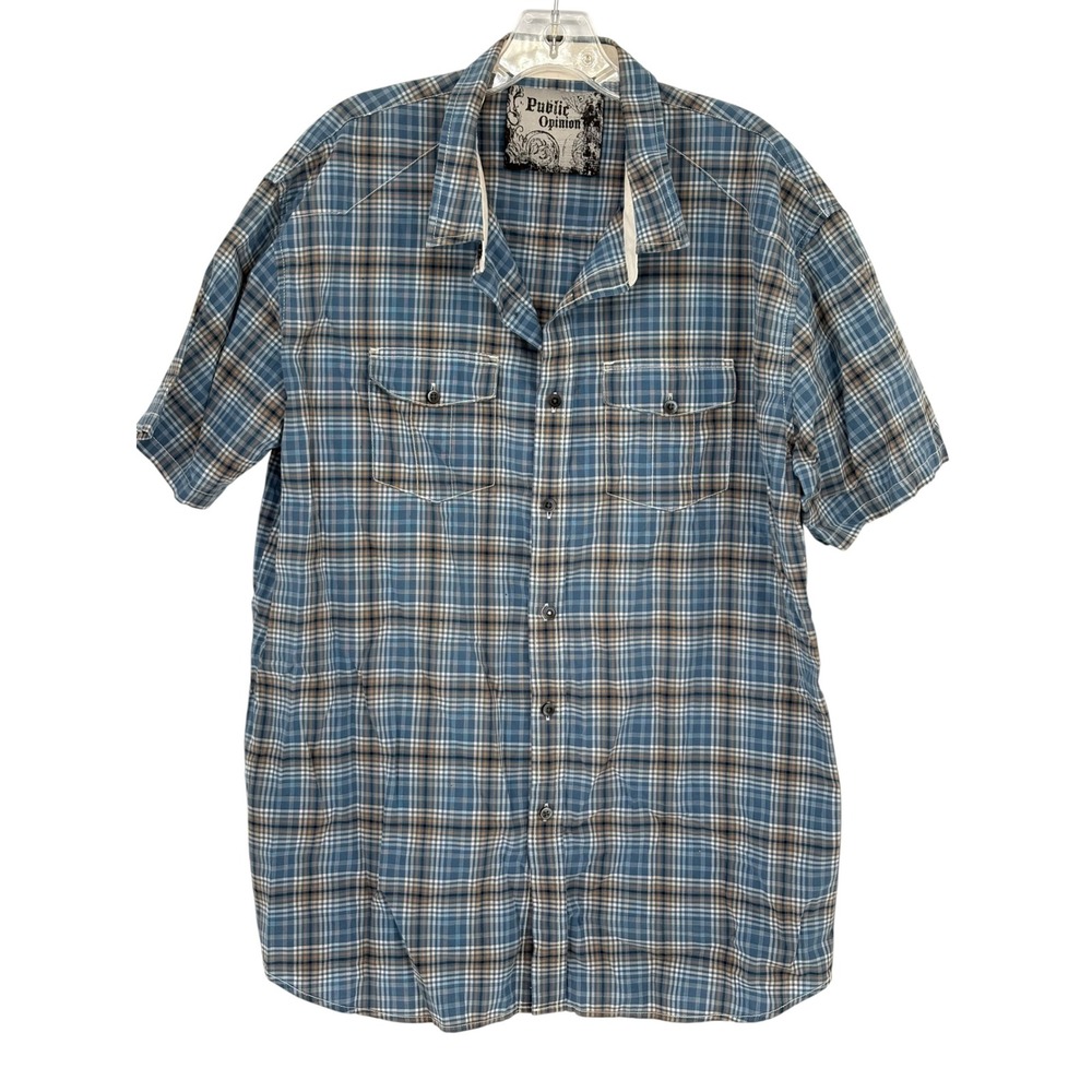 Public Opinion Button Down Shirt Blue Plaid 100% Cotton XXL‎